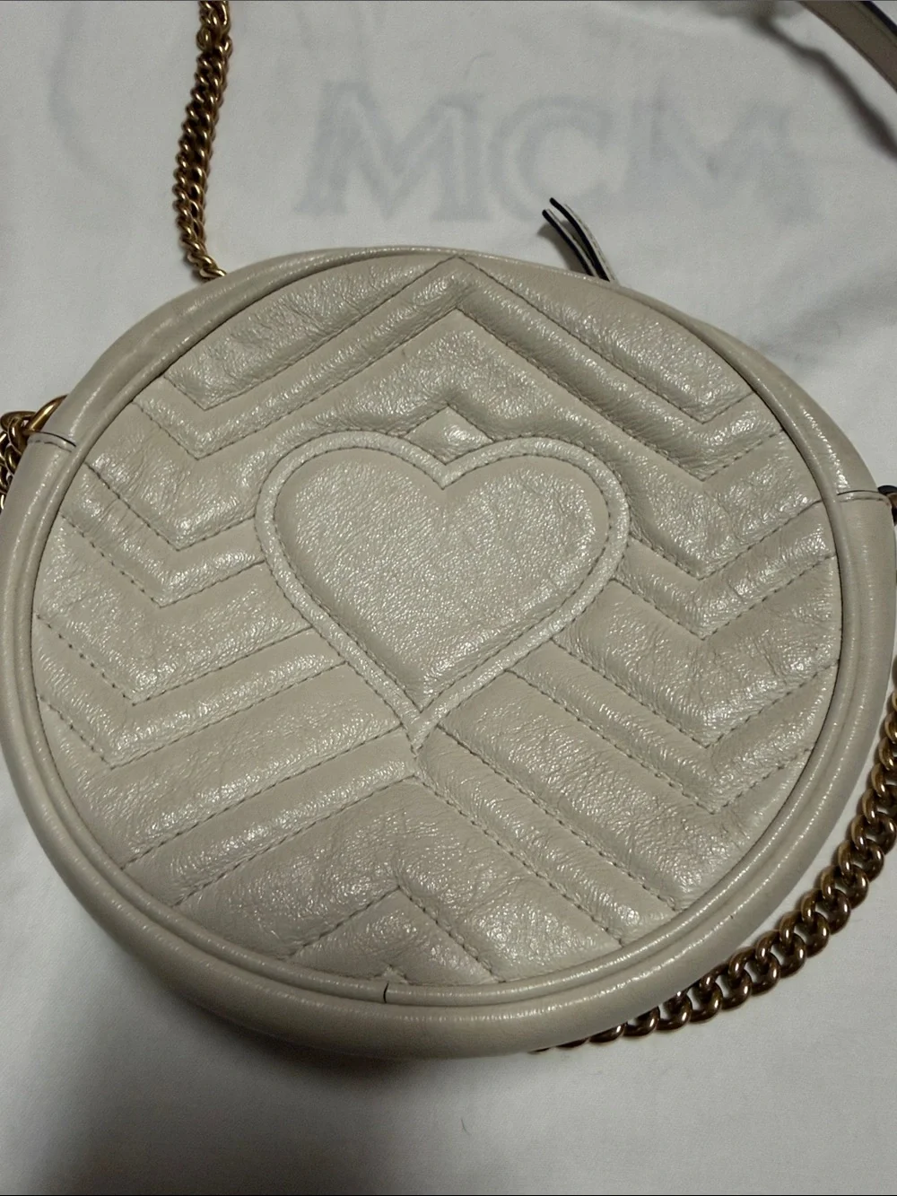 Gucci Round Chevron Crossbody Bag in Light Beige with Gold Hardware